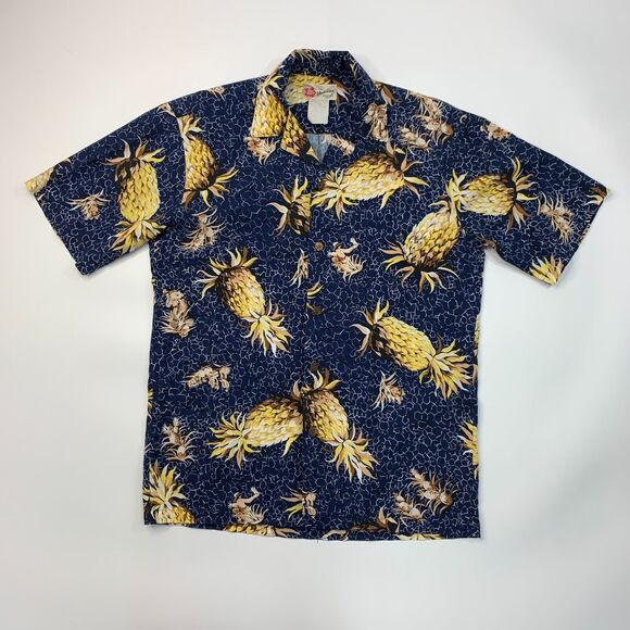 Vintage Hilo Hattie Hawaiian Shirt Mens M Navy Golden Pineapple Short Sleeve - Picture 2 of 10